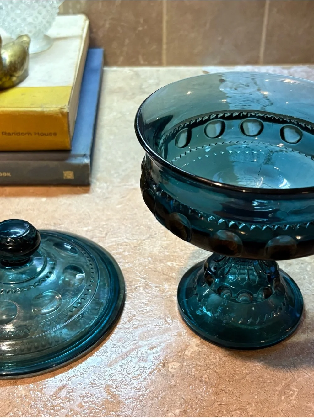 Vintage Indiana Glass Teal Thumbprint Covered Pedestal Candy Dish
